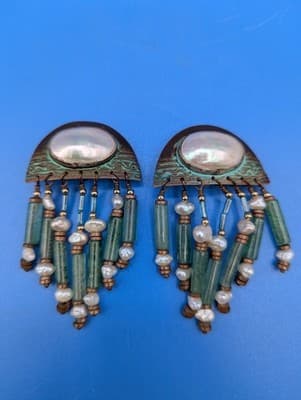 Tabra vintage earrings; turqoise color/copper and pearl - Thumbnail 2