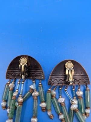 Tabra vintage earrings; turqoise color/copper and pearl - Thumbnail 4