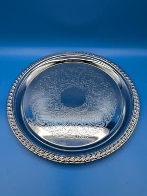 Wm Rogers Serving Tray Silverplate 12 1/4” Round Etched Scroll Floral #171