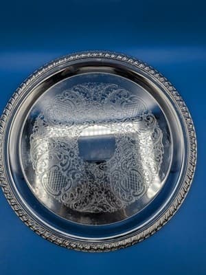 Wm Rogers Serving Tray Silverplate 12 1/4” Round Etched Scroll Floral #171 - Thumbnail 3