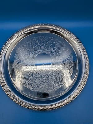 Wm Rogers Serving Tray Silverplate 12 1/4” Round Etched Scroll Floral #171 - Thumbnail 2