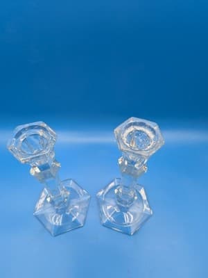 Candlestick Holders Lead Crystal Handblown 8.25" Tall Hexagon Base Set of 2 - Thumbnail 2