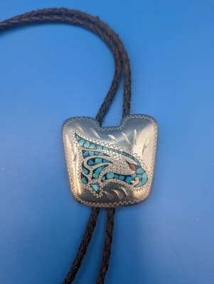 Vintage Bolo Tie (Turquoise and Silver) - Eagle Design - Thumbnail 2