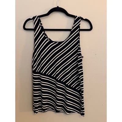 Black White Striped Silky Tank Top Sleeveless Flowy Women’s Size M