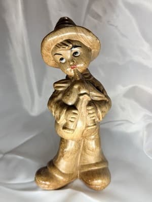 MCM Figural Vintage Boy Pipes Like Wood Figurine Ceramic Hong Kong Musician Folk