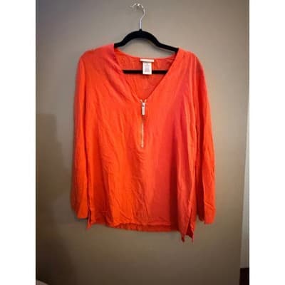 Michael Kors Zip Front Tunic Blouse Orange V Neck Long Sleeve Size S NWT