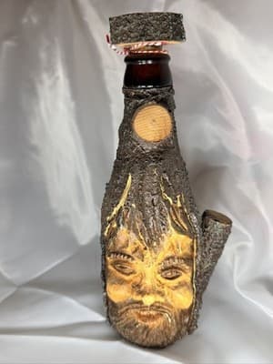 Wood Tree Bark Liquor Decanter Bottle Cork Stopper Man Face Vintage Folk Art