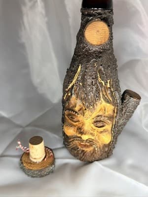 Wood Tree Bark Liquor Decanter Bottle Cork Stopper Man Face Vintage Folk Art - Thumbnail 10