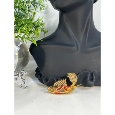 Vintage Koi FIsh Brooch Gold Tone Carp Ornate Toledo Damascene Style 2" Pin - Thumbnail 4