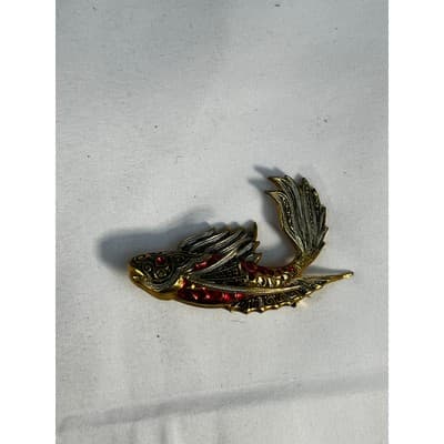Vintage Koi FIsh Brooch Gold Tone Carp Ornate Toledo Damascene Style 2" Pin - Thumbnail 17