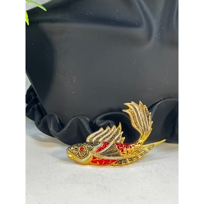 Vintage Koi FIsh Brooch Gold Tone Carp Ornate Toledo Damascene Style 2" Pin - Thumbnail 5
