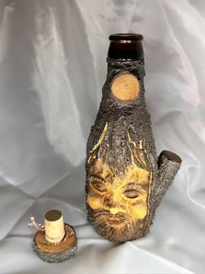 Wood Tree Bark Liquor Decanter Bottle Cork Stopper Man Face Vintage Folk Art - Thumbnail 11