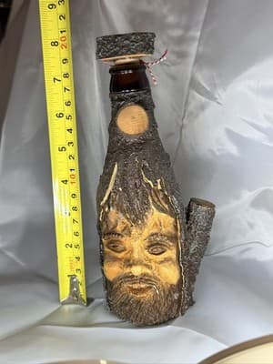 Wood Tree Bark Liquor Decanter Bottle Cork Stopper Man Face Vintage Folk Art - Thumbnail 13