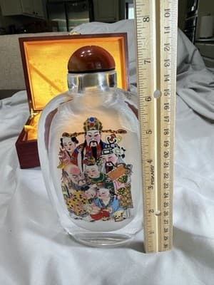 Vintage Chinese Reverse Painted Glass Crystal Snuff Bottle Wooden Case Unique - Thumbnail 20