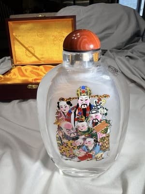 Vintage Chinese Reverse Painted Glass Crystal Snuff Bottle Wooden Case Unique - Thumbnail 14