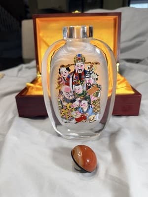 Vintage Chinese Reverse Painted Glass Crystal Snuff Bottle Wooden Case Unique - Thumbnail 19