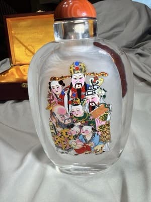 Vintage Chinese Reverse Painted Glass Crystal Snuff Bottle Wooden Case Unique - Thumbnail 8