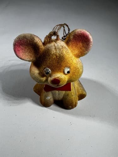 Blow Mold Christmas Ornament Bear Mouse Big Ear Googly Eye Flocked VTG RARE