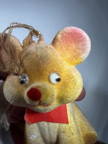 Blow Mold Christmas Ornament Bear Mouse Big Ear Googly Eye Flocked VTG RARE - Thumbnail 7