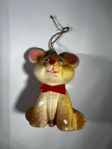 Blow Mold Christmas Ornament Bear Mouse Big Ear Googly Eye Flocked VTG RARE - Thumbnail 2