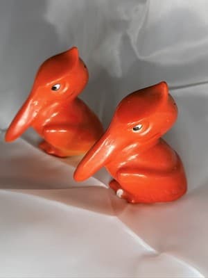 Rare Orange Red Pelican Bird Salt Pepper Shakers w/ Corks Japan Vintage Toucan - Thumbnail 3