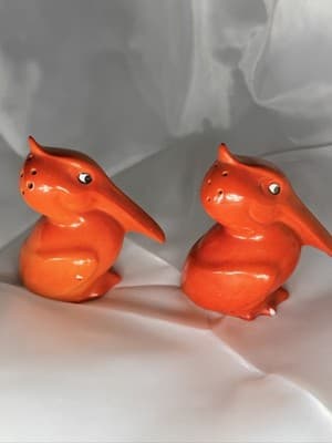 Rare Orange Red Pelican Bird Salt Pepper Shakers w/ Corks Japan Vintage Toucan - Thumbnail 5