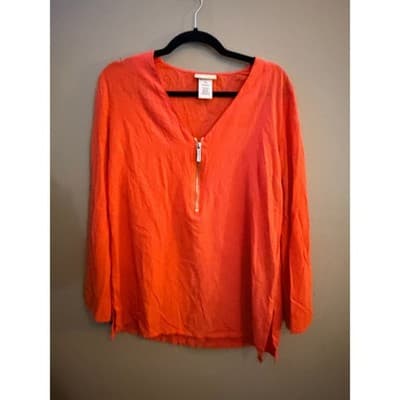 Michael Kors Zip Front Tunic Blouse Orange V Neck Long Sleeve Size S NWT - Thumbnail 3
