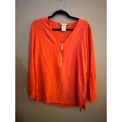 Michael Kors Zip Front Tunic Blouse Orange V Neck Long Sleeve Size S NWT - Thumbnail 2