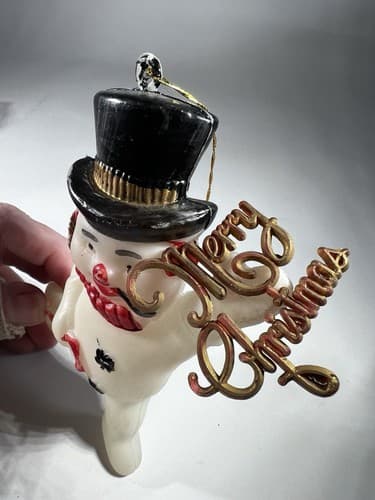 Vintage Blow Mold Merry Christmas Ornament Snowman Pipe Cane Hat VTG Retro RARE - Thumbnail 3