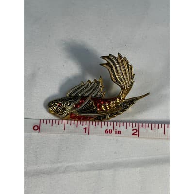 Vintage Koi FIsh Brooch Gold Tone Carp Ornate Toledo Damascene Style 2" Pin - Thumbnail 24