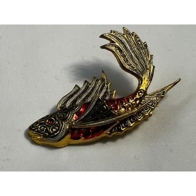 Vintage Koi FIsh Brooch Gold Tone Carp Ornate Toledo Damascene Style 2" Pin - Thumbnail 23