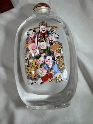 Vintage Chinese Reverse Painted Glass Crystal Snuff Bottle Wooden Case Unique - Thumbnail 22