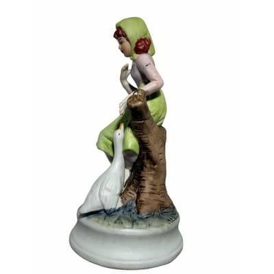 Vintage Figurine Ceramic Porcelain Girl in Green w Goose Sitting on Tree Stump - Thumbnail 3