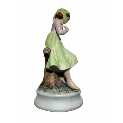 Vintage Figurine Ceramic Porcelain Girl in Green w Goose Sitting on Tree Stump - Thumbnail 5