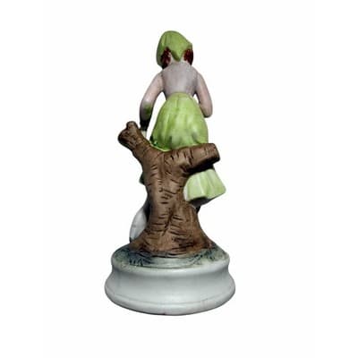 Vintage Figurine Ceramic Porcelain Girl in Green w Goose Sitting on Tree Stump - Thumbnail 4