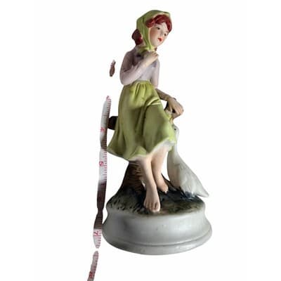 Vintage Figurine Ceramic Porcelain Girl in Green w Goose Sitting on Tree Stump - Thumbnail 13
