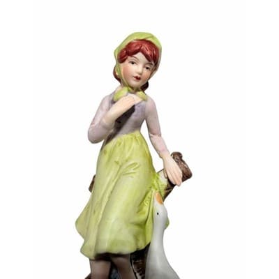 Vintage Figurine Ceramic Porcelain Girl in Green w Goose Sitting on Tree Stump - Thumbnail 2