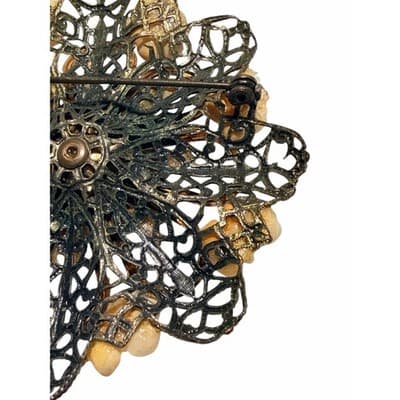 Vintage Floral Filigree Brooch Gold Tone 3D Flower Statement Pin Large - Thumbnail 15