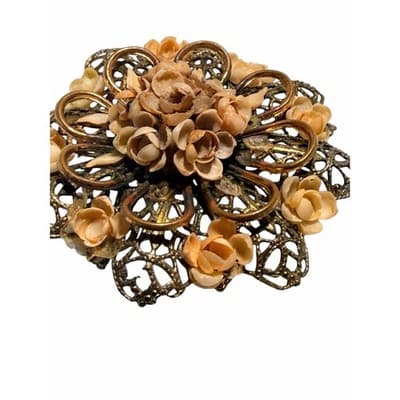 Vintage Floral Filigree Brooch Gold Tone 3D Flower Statement Pin Large - Thumbnail 6