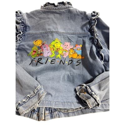 Veveret Upstyled 80's Friends Cartoon Graphic Ruffle Trim Jacket Blue Size Small - Thumbnail 2