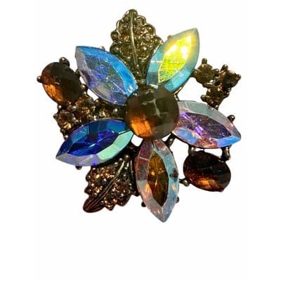 Vintage Aurora Borealis Rhinestone Floral Brooch Multicolor Crystal Pin 1" - Thumbnail 14