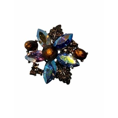 Vintage Aurora Borealis Rhinestone Floral Brooch Multicolor Crystal Pin 1" - Thumbnail 5