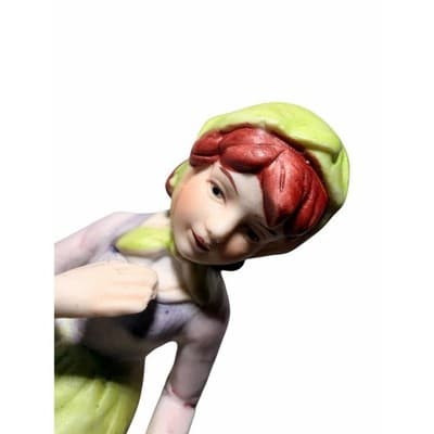 Vintage Figurine Ceramic Porcelain Girl in Green w Goose Sitting on Tree Stump - Thumbnail 8