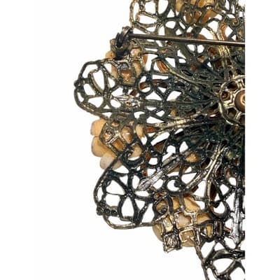 Vintage Floral Filigree Brooch Gold Tone 3D Flower Statement Pin Large - Thumbnail 10
