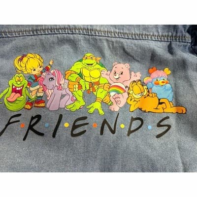 Veveret Upstyled 80's Friends Cartoon Graphic Ruffle Trim Jacket Blue Size Small - Thumbnail 9