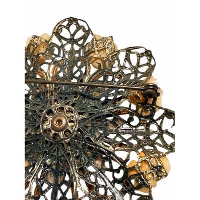 Vintage Floral Filigree Brooch Gold Tone 3D Flower Statement Pin Large - Thumbnail 12