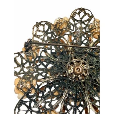 Vintage Floral Filigree Brooch Gold Tone 3D Flower Statement Pin Large - Thumbnail 11