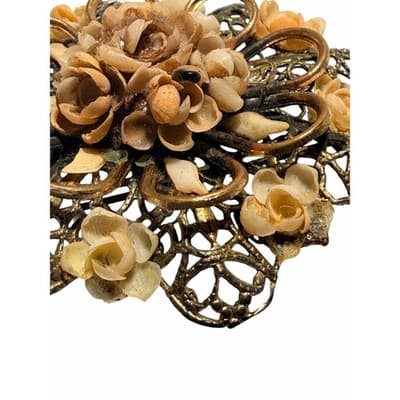 Vintage Floral Filigree Brooch Gold Tone 3D Flower Statement Pin Large - Thumbnail 8