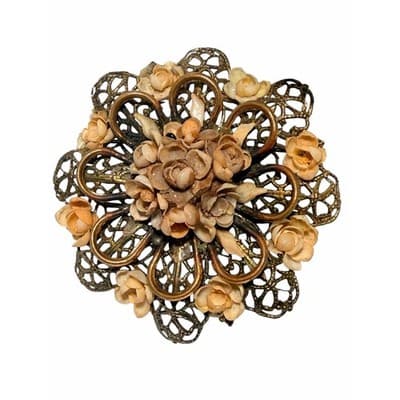 Vintage Floral Filigree Brooch Gold Tone 3D Flower Statement Pin Large - Thumbnail 14