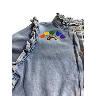 Veveret Upstyled 80's Friends Cartoon Graphic Ruffle Trim Jacket Blue Size Small - Thumbnail 19